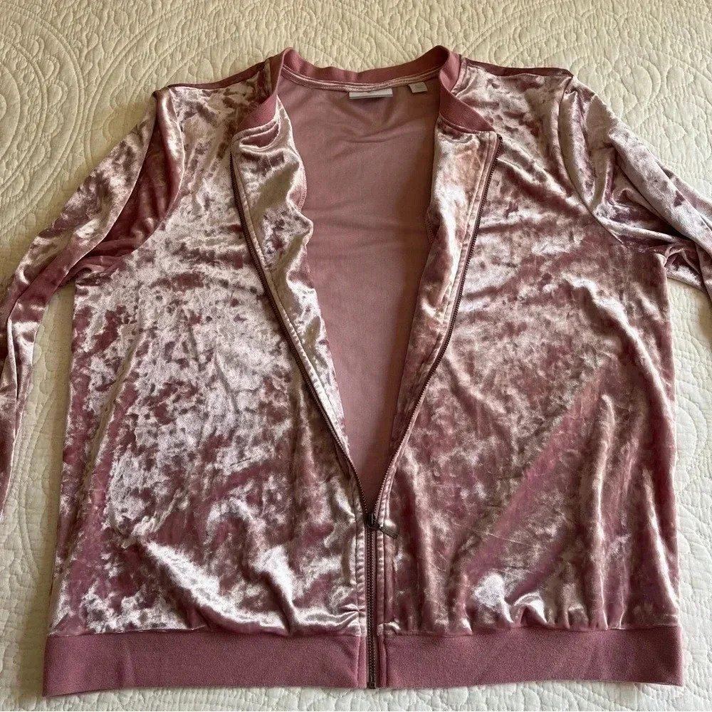Crushed Velvet Bomber Jacket Women's‎ Large Pink Front Zipper Light Top Y2K Glam